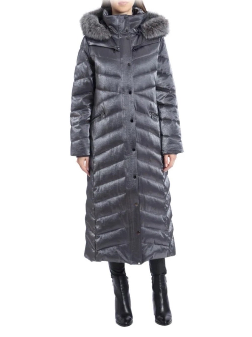 Badgley Mischka Iridescent Maxi Puffer Coat Gunmetal Gray Fur Trim Hood